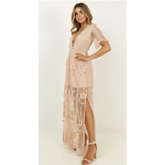 Show Po Love Spell Maxi Dress Blush Lace Overlay Embroidered Short Sleeve Sz 4 - Picture 3 of 16